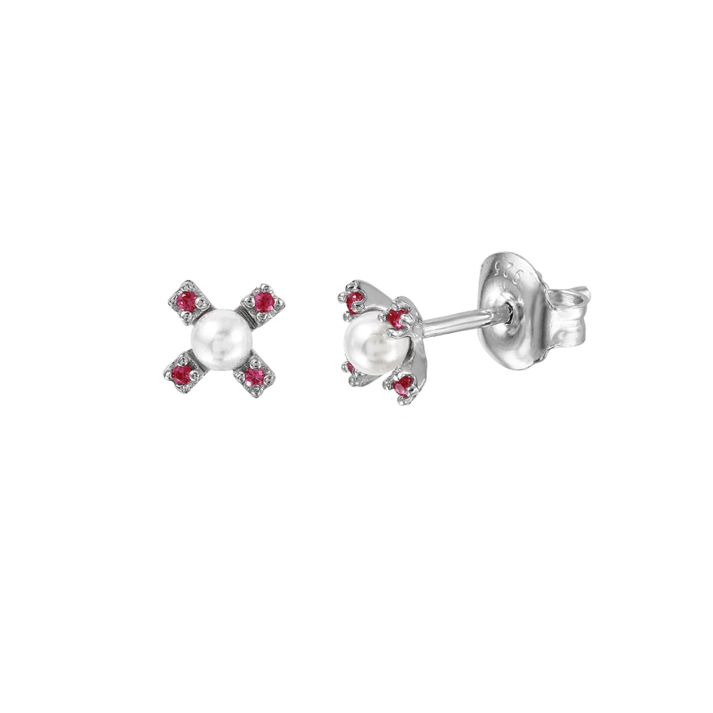 Mini White Pearl Sterling Silver with Four CZ Stud Earrings