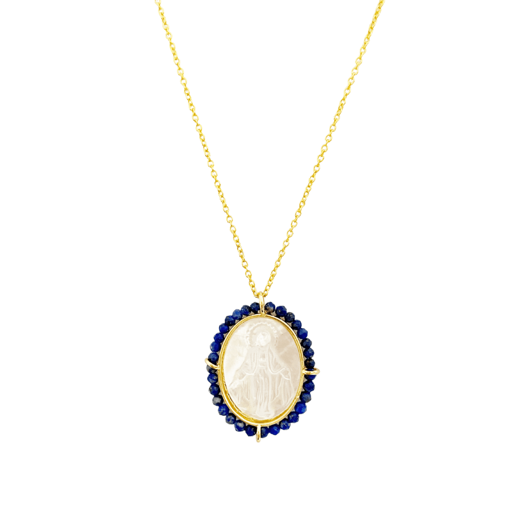 Sterling Silver Mother Pearl Virgin Mary Gold Necklace in Ruby, Sapphire and Pearl - The Shop'n Glow