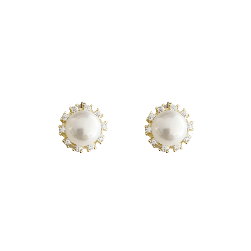 Sterling Silver Round White Shell Pearl Stud Earrings in Gold - The Shop'n Glow