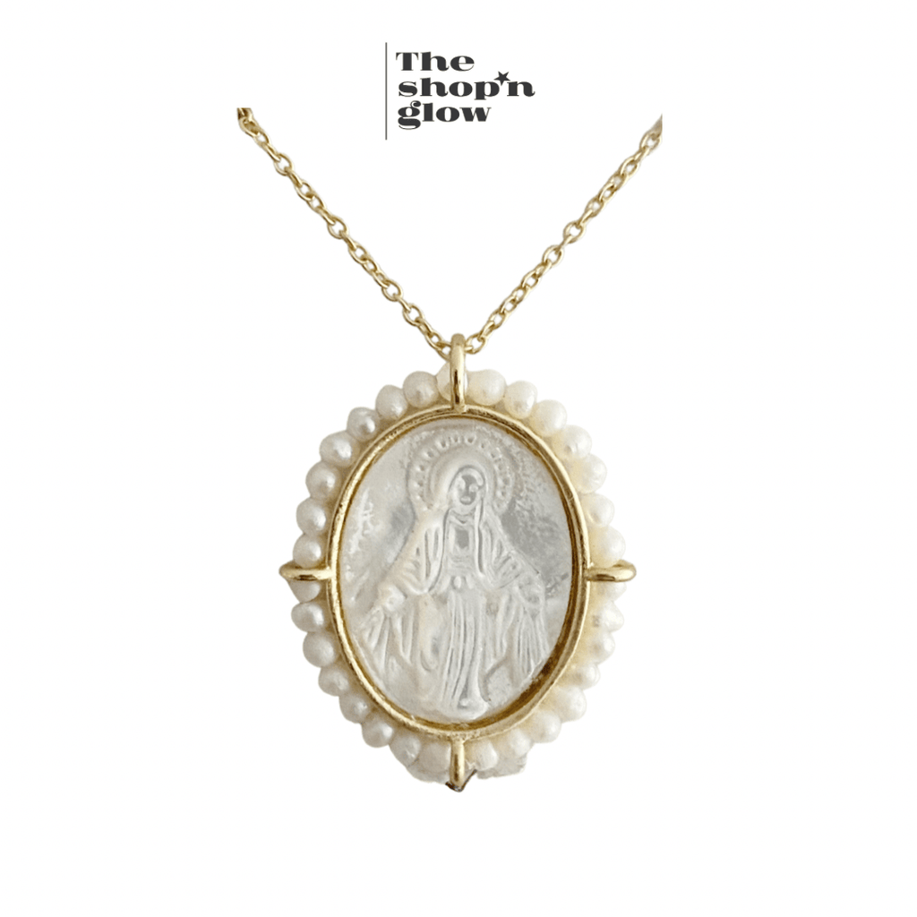 Sterling Silver Mother Pearl Virgin Mary Gold Necklace in Ruby, Sapphire, Turquoise and Pearl