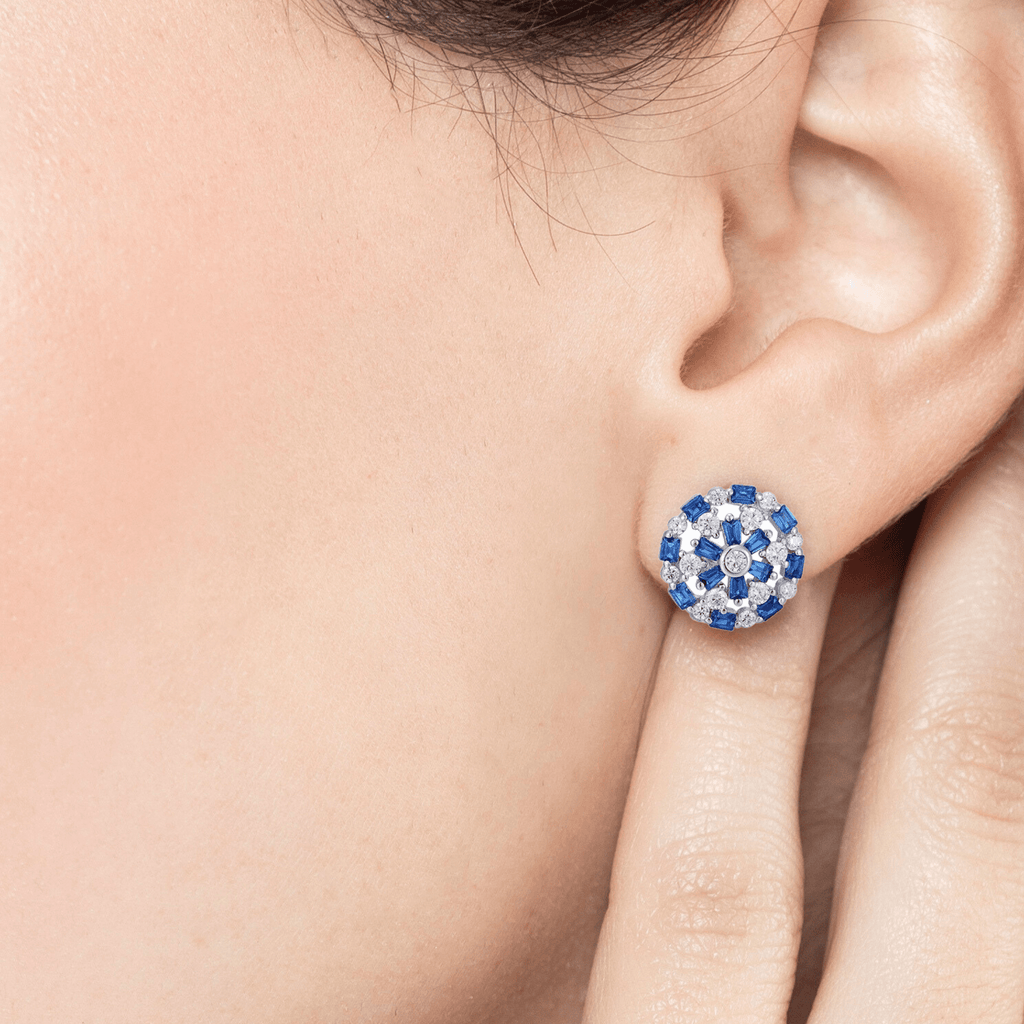 Elegant Sterling Silver Round Stud Earrings with Blue Cubic Zirconia | The Shop'n Glow