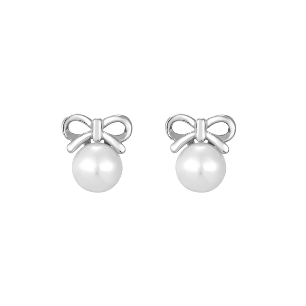 Coquette White Pearl with a Bow Sterling Silver Stud Earrings