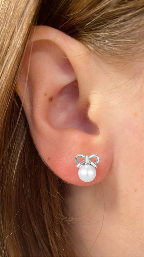 Coquette White Pearl with a Bow Sterling Silver Stud Earrings