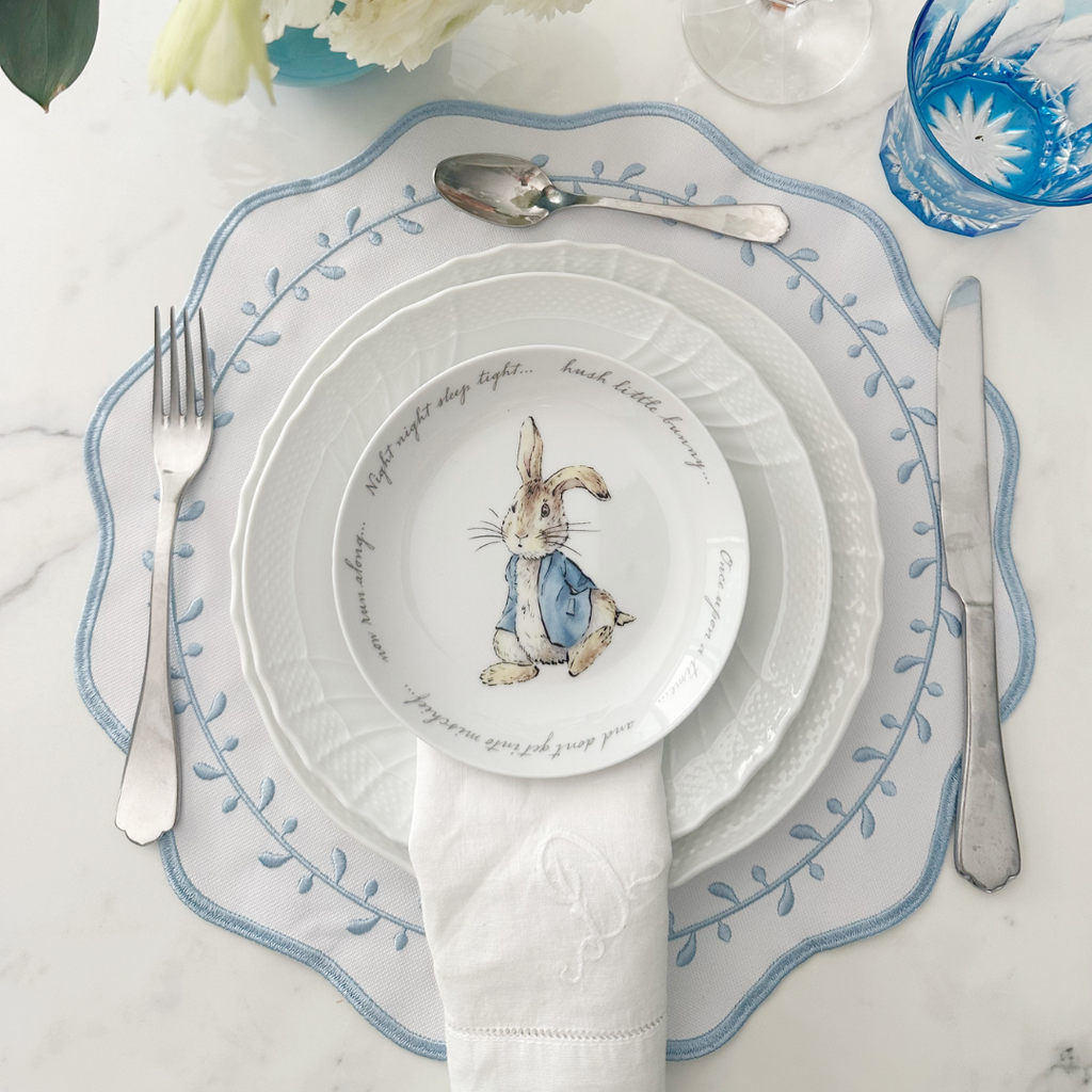 Elegant White Placemats with Light Blue Embroidered Scallops (Set of 2) | The Shop'n Glow