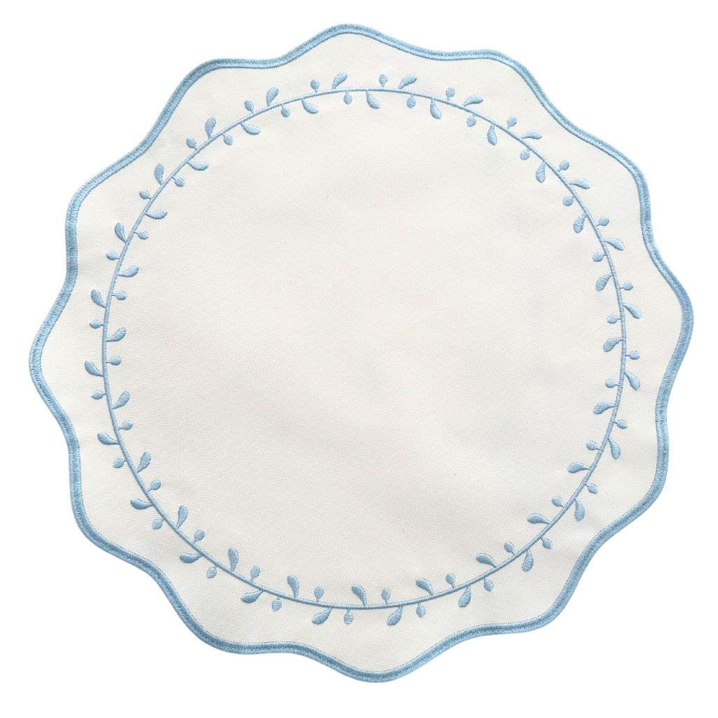 Elegant White Placemats with Light Blue Embroidered Scallops | The Shop'n Glow