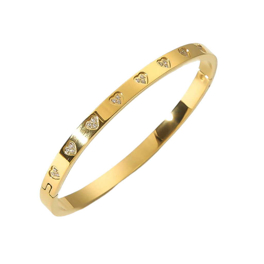 Gold bangle cuff bracelets with cubic zirconia diamonds and heart motifs | The Shop'n Glow