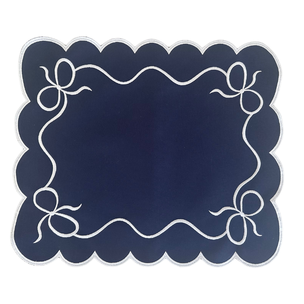 Stuning Navy Blue Placemats with White Scalloped and Bow Detail (Set of 2)
