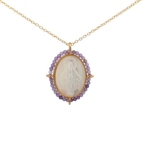 Sterling Silver Mother Pearl Virgin Mary Gold Necklace in Ruby, Sapphir