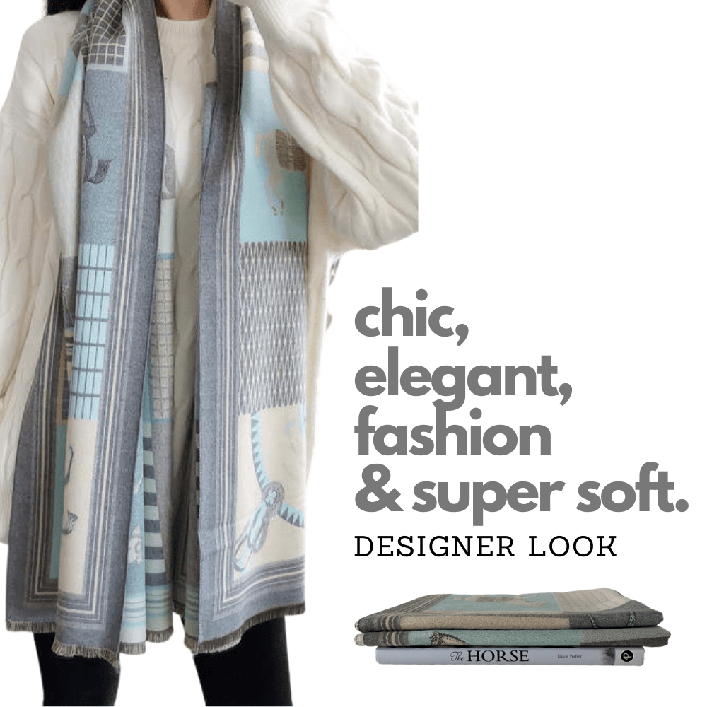 Light Blue Cashmere Shawl with Equestrian Motive - The Shop'n Glow