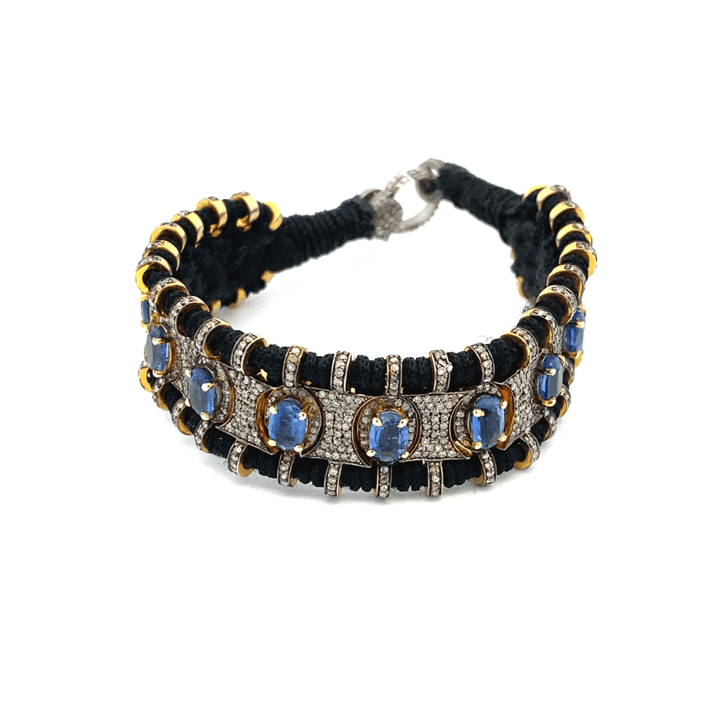Pave white Diamond Bracelet with Sapphire Gemstone over black Thread | The Shop'n Glow