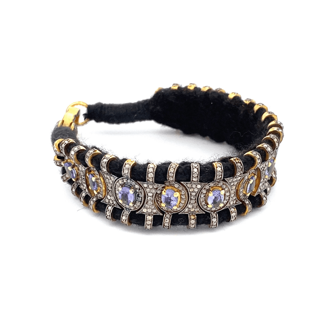Pave white Diamond Bracelet with Sapphire Gemstone over black Thread | The Shop'n Glow