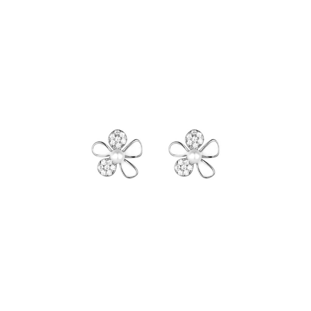 Mini Flowes with Round White Pearl Sterling Silver Stud Earrings