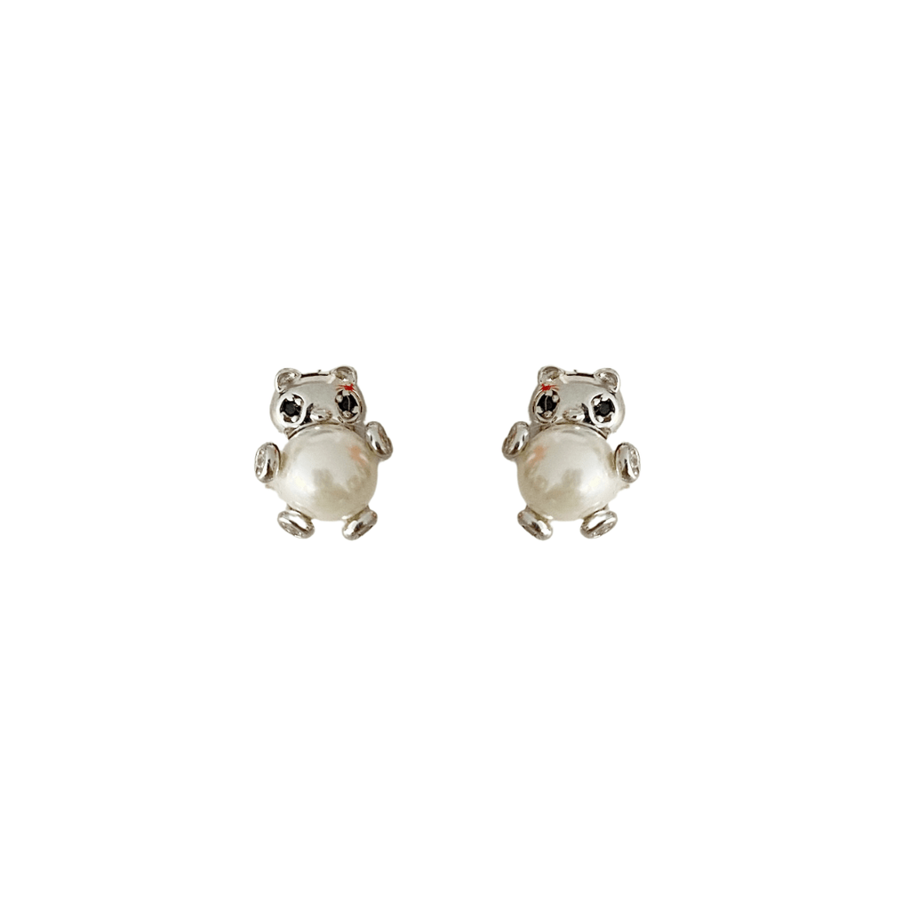 Cute Little Bear Sterling Silver White Pearl Stud Earrings