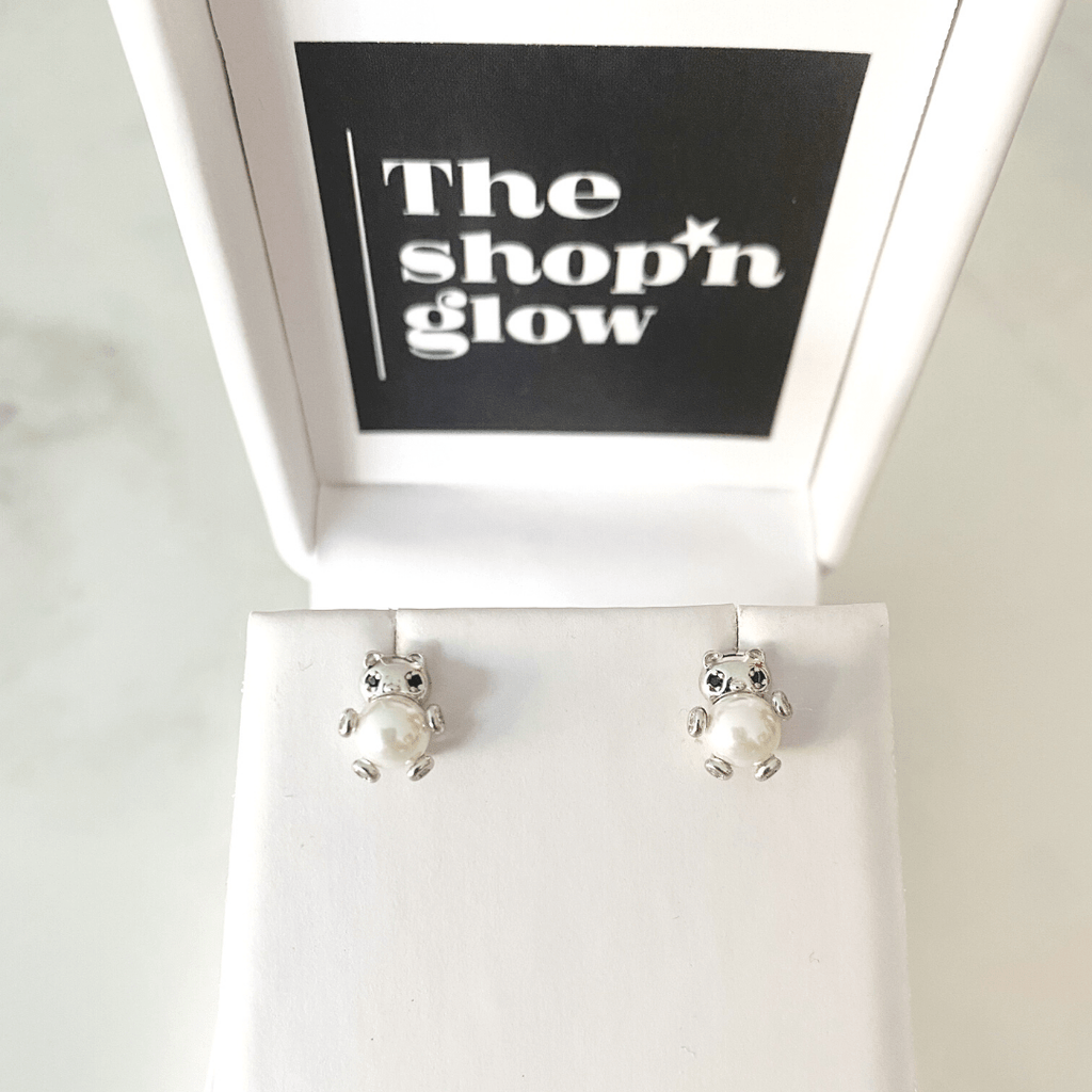 Cute Little Bear Sterling Silver White Pearl Stud Earrings