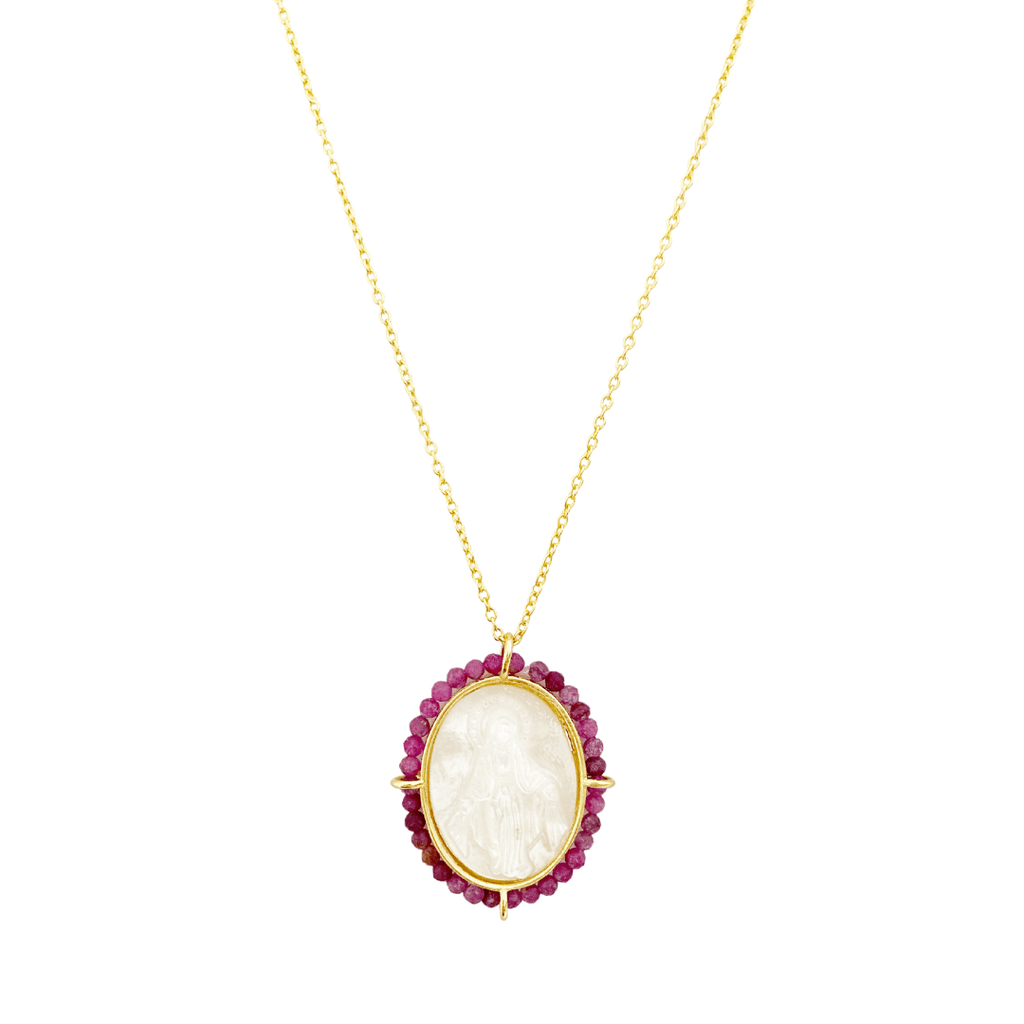 Sterling Silver Mother Pearl Virgin Mary Gold Necklace in Ruby, Sapphire and Pearl - The Shop'n Glow