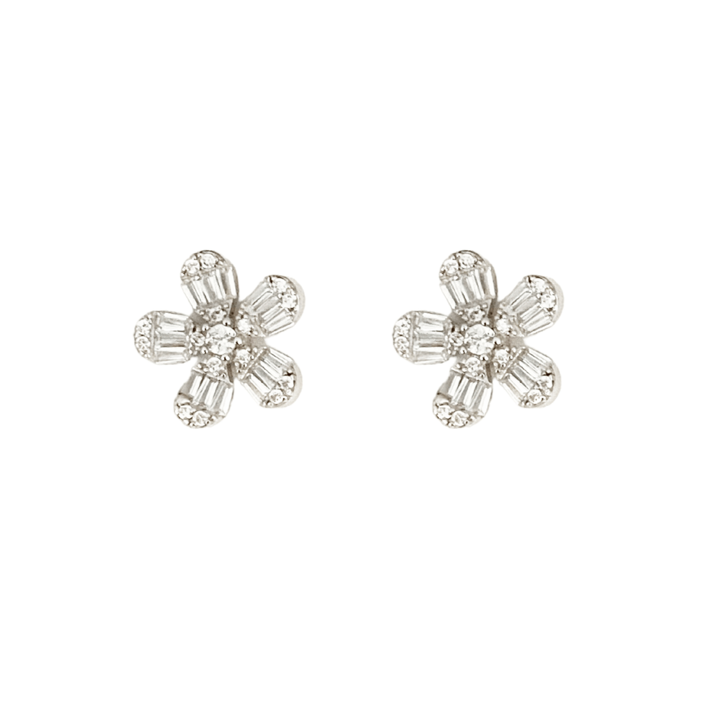 Sterling Silver Small Baguette Flower Stud Earrings - The Shop'n Glow