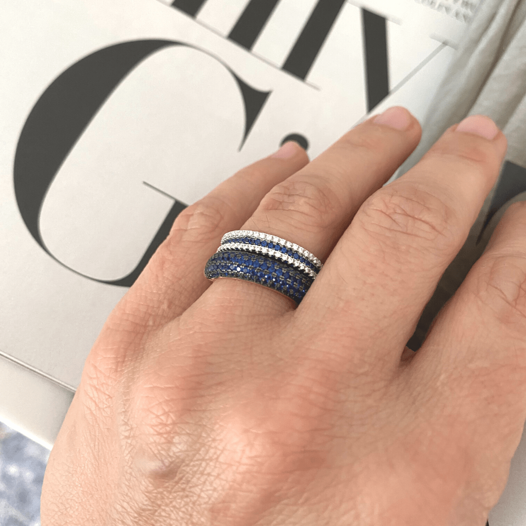 Sterling Silver Thin Blue CZ Micro Pave Eternity Ring
