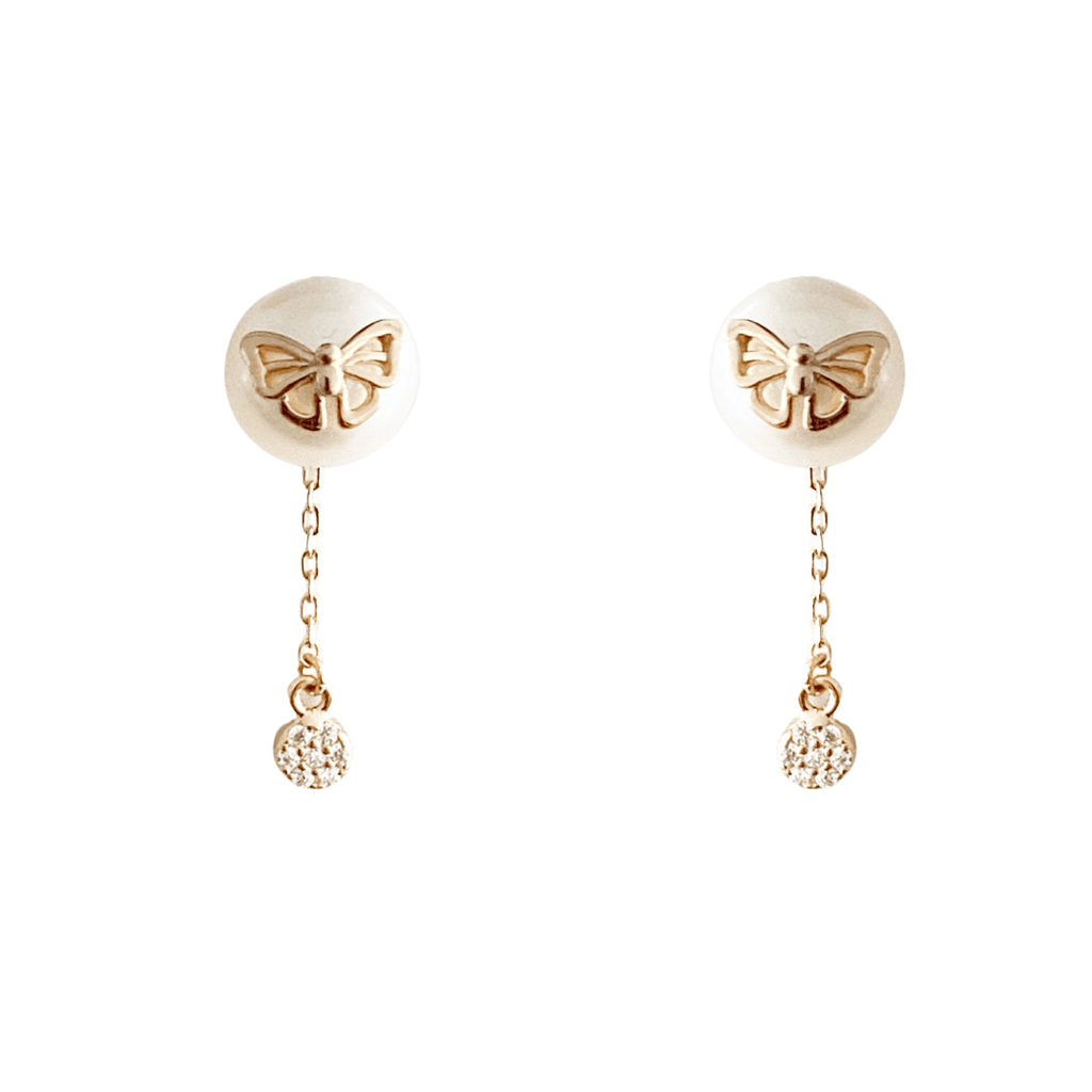 Round White Shell Pearl Stud Earrings with Gold Butterfly - The Shop'n Glow