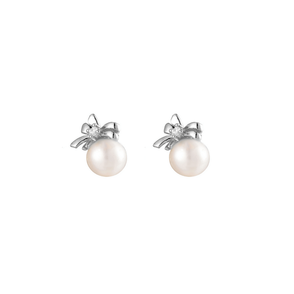 Mini White Pearl with a Bow Sterling Silver Stud Earrings \ The Shop'n Glow
