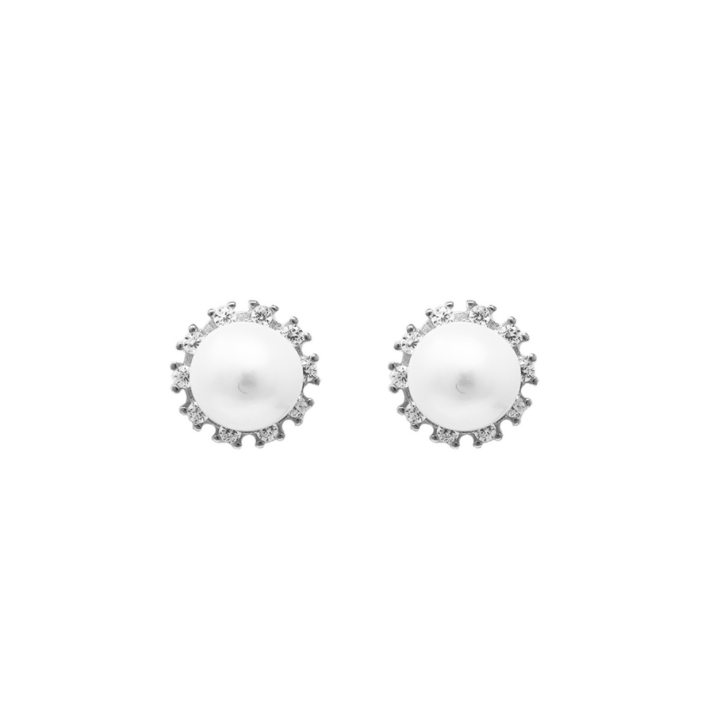 Sterling Silver Round White Shell Pearl Stud Earrings in Silver - The Shop'n Glow