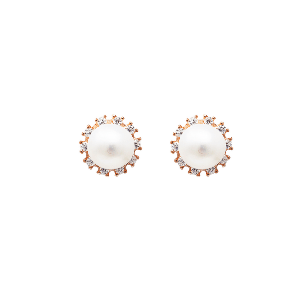 Sterling Silver Round White Shell Pearl Stud Earrings in RoseGold - The Shop'n Glow