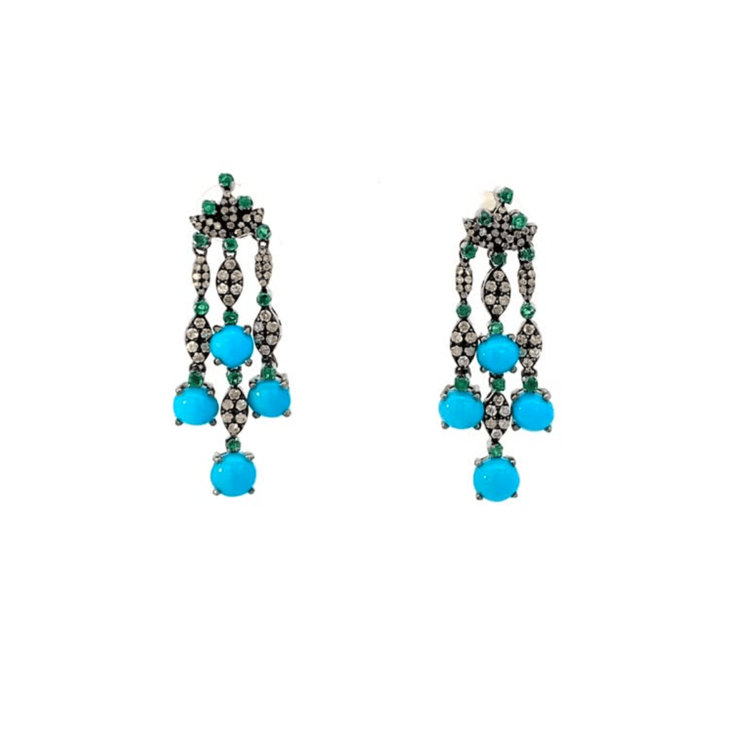 Turquoise, Emeralds and Diamonds Long Earrings