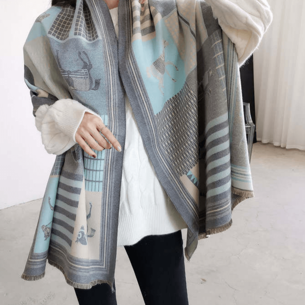 Light Blue Cashmere Shawl with Equestrian Motive - The Shop'n Glow