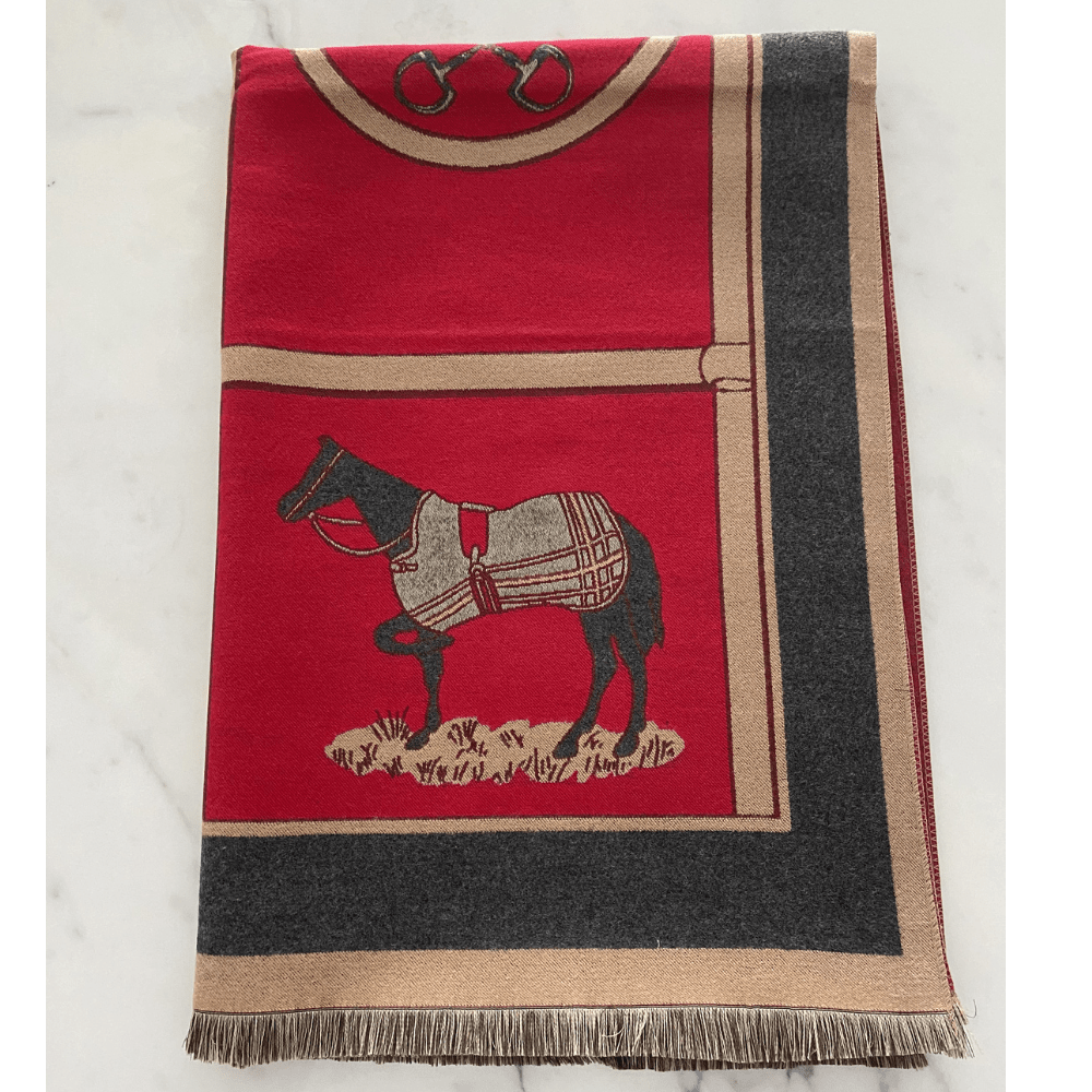 Red Cashmire Shawl with Equestrian Motive - The Shop'n Glow