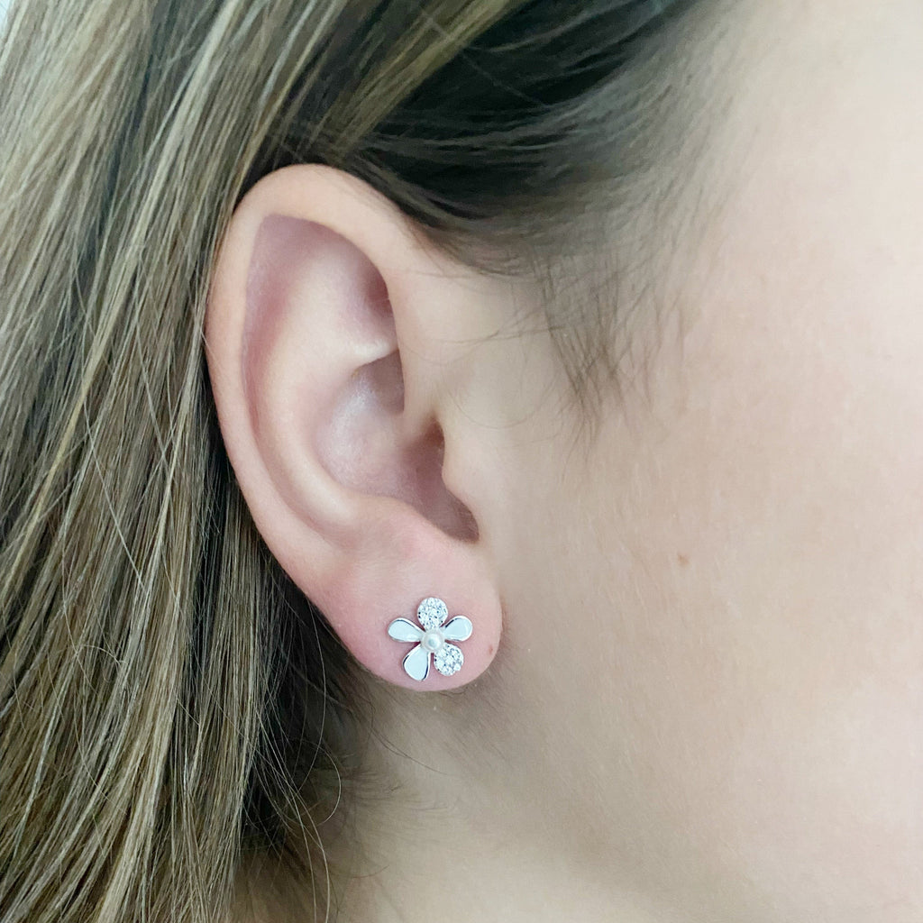 Mini Flowers with Round White Pearl Sterling Silver Stud Earrings