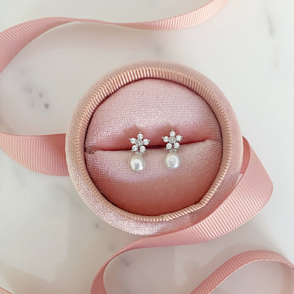 Floral Round White Shell Pearl Stud Earrings | The Shop'n Glow