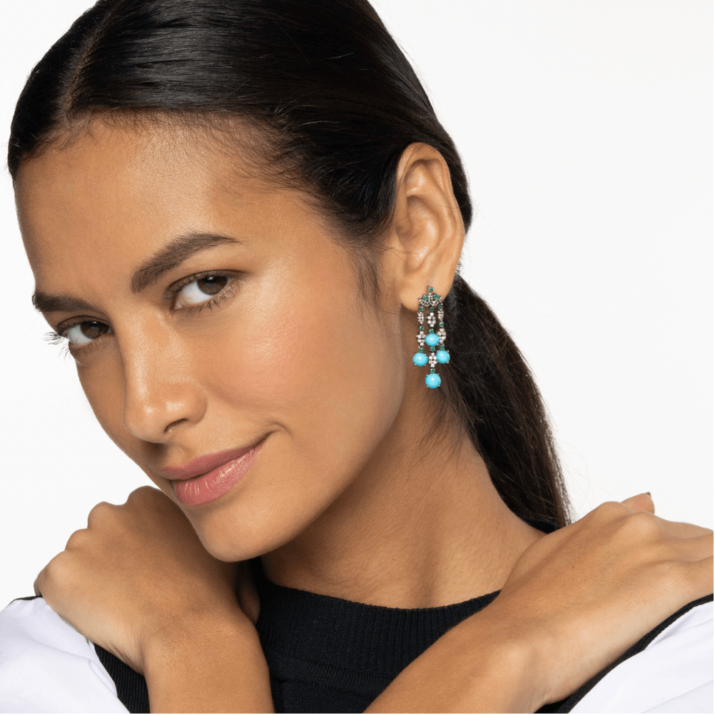 Turquoise, Emeralds and Diamonds Long Earrings